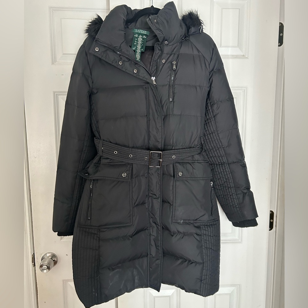 Lauren Ralph Lauren Quilted Jacket Coat Zip Belted with Faux Fur Hooded Size L
